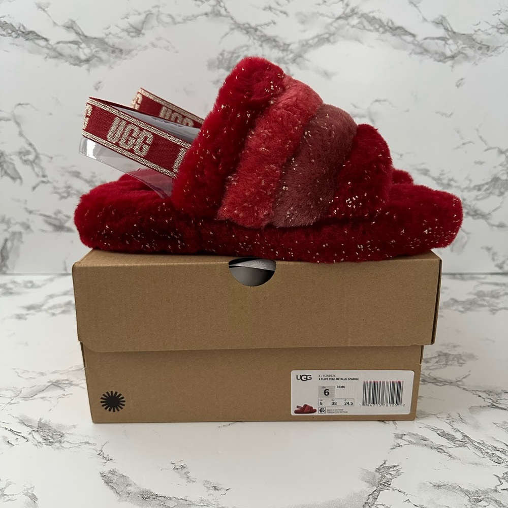 UGG Fluff Yeah Slingback Slippers Slides Red and Gold Glitter - Picture 7 of 10